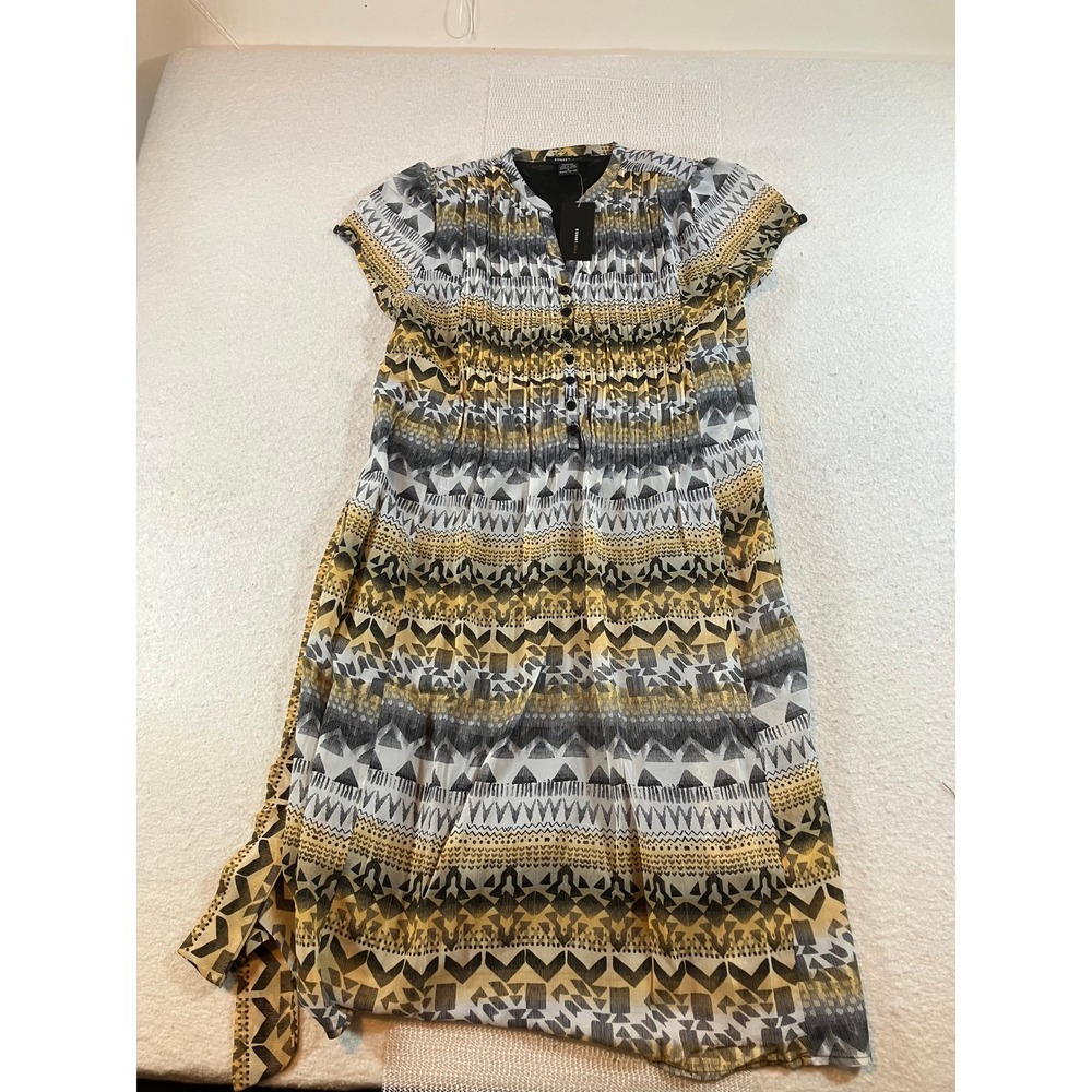 Robert Louis Black Ivory Mustard Tribal Geometric Print Belted Dress NWT Small